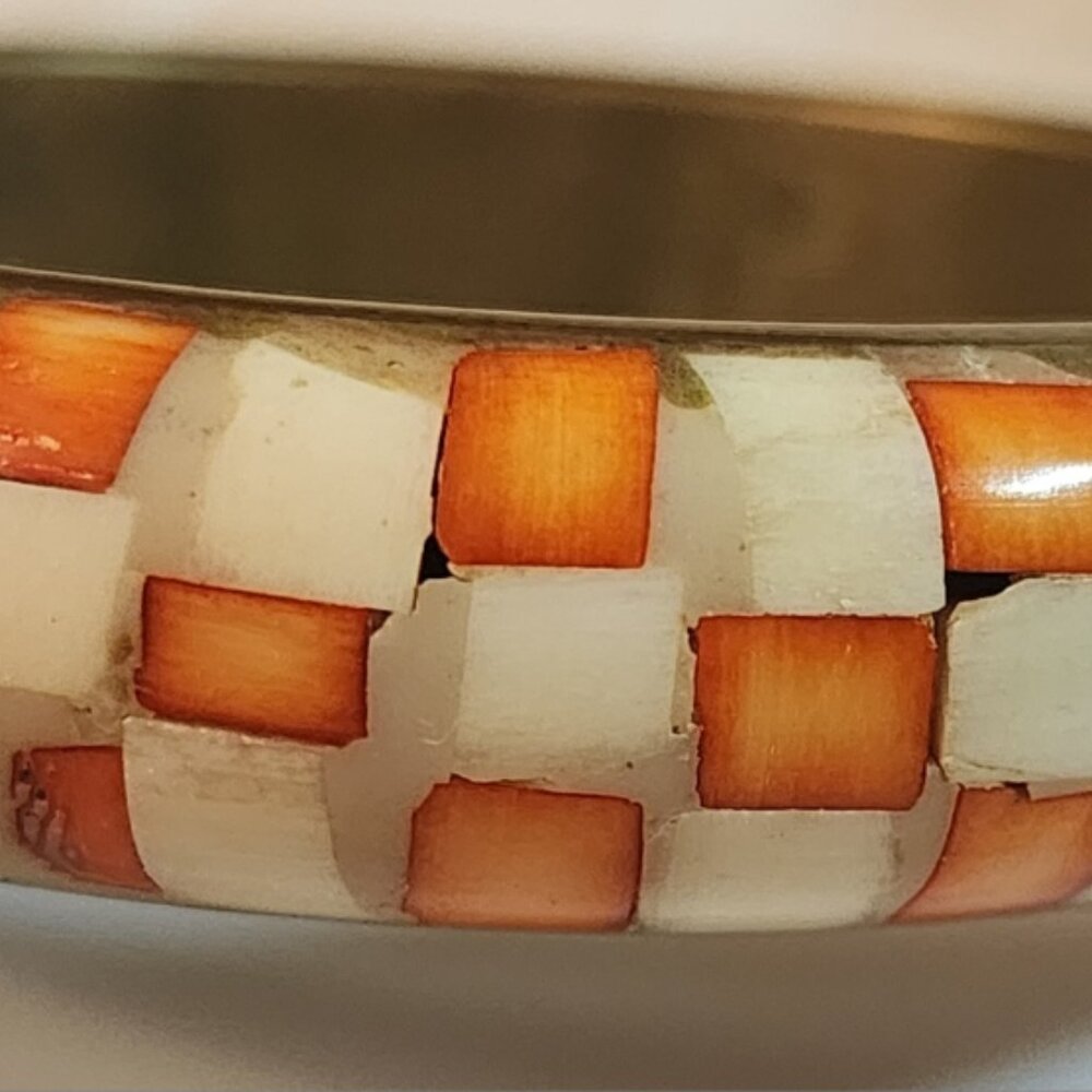 Vintage Brass Bangle  Mosaic Inlay Orange Checkered Bone , shell or...2.5 inch W